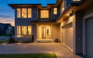 Home security system with outdoor camera and alarm protection installed on a modern house