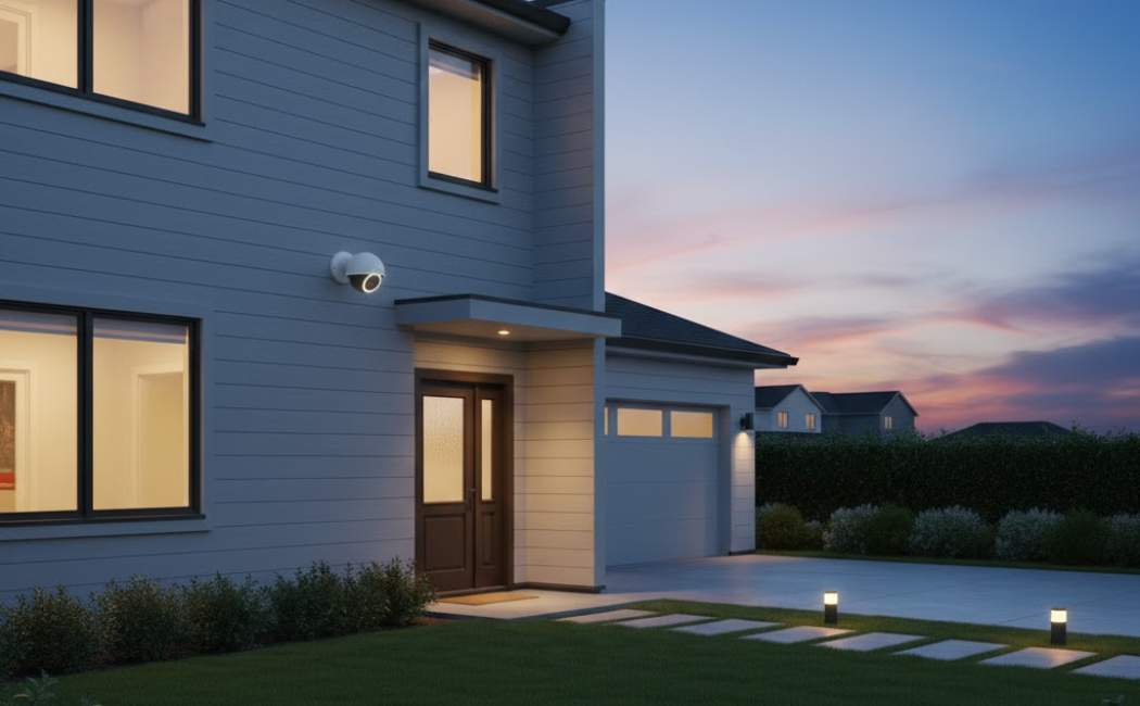 Outdoor surveillance camera monitoring the home entry point for security