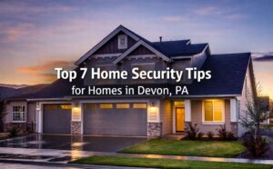 Suburban home in Devon, PA, with outdoor security lights and cameras, title text “Top 7 Home Security Tips for Homes in Devon, PA” centered on image