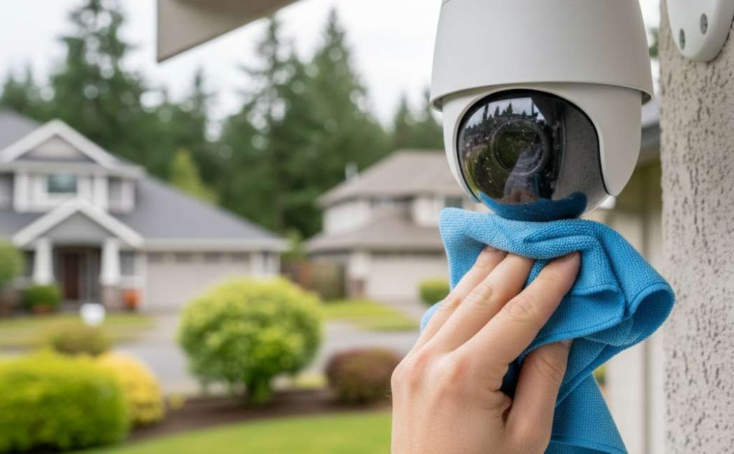 Cleaning the outdoor security camera lens for clear surveillance
