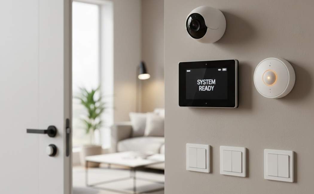 Home security system components including control panel, motion sensor, and door sensor