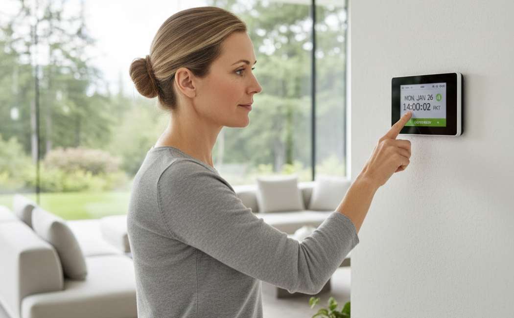 Homeowner testing the home security alarm system control panel