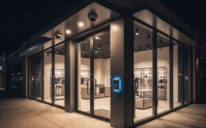 Business security system with surveillance cameras protecting commercial property