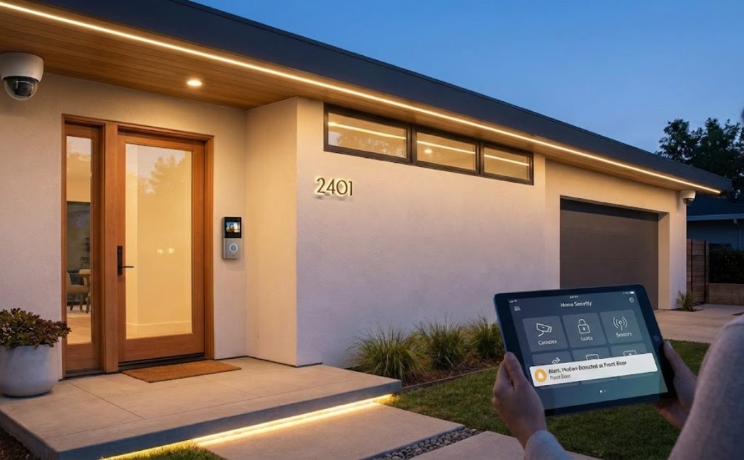 Smart home security system in 2026 featuring AI surveillance cameras, mobile app control, fire protection, and automated lighting.