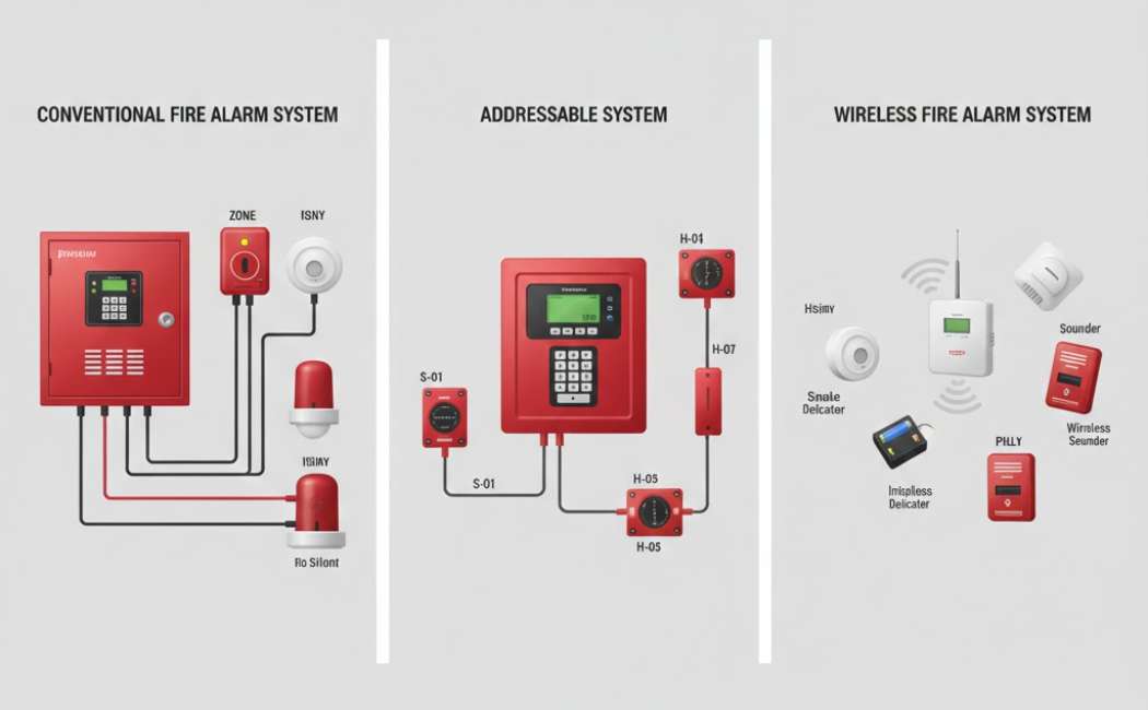 Types of fire alarm systems, including conventional, addressable, and wireless