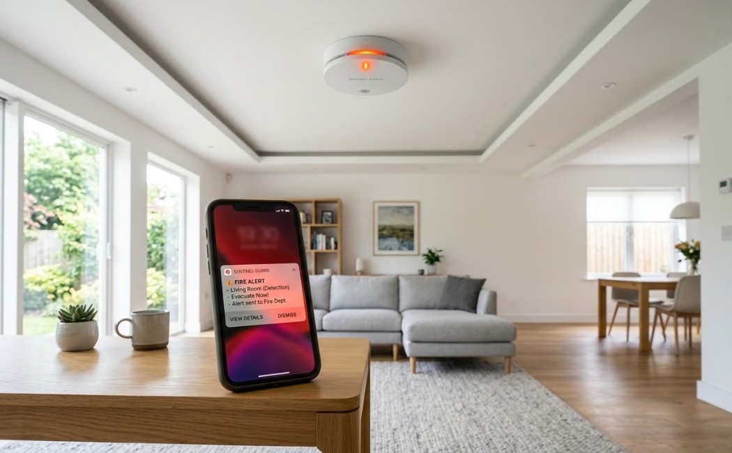 Smart fire alarm with real-time notifications on a smartphone in modern home