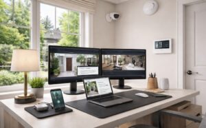Modern home office with security system including surveillance camera, smart smoke detector, and alarm setup for remote worker safety