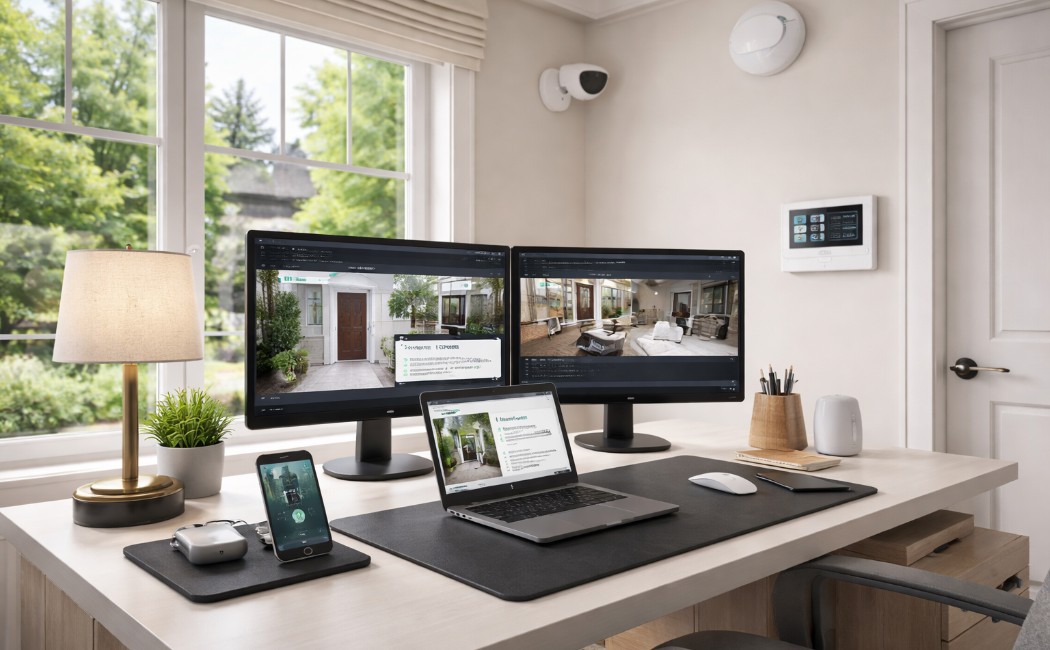 Modern home office with security system including surveillance camera, smart smoke detector, and alarm setup for remote worker safety