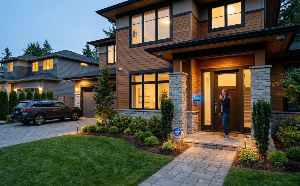 Homeowner using voice command to control smart security system inside modern home 